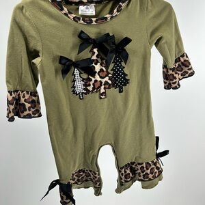 Olive Green Baby Romper, Jumper with Leopard ruffle Trim Christmas, boutique 6m